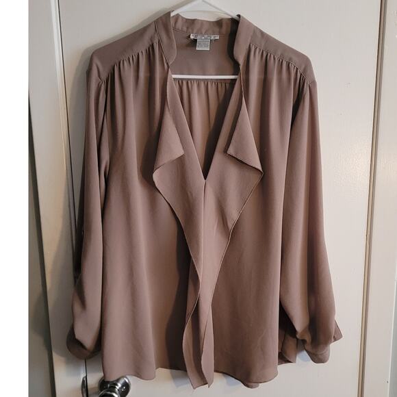 ALBERTO MAKALI Drape Front Blouse Top L Taupe Sheer Overlay Career Boho Chic - Picture 8 of 10